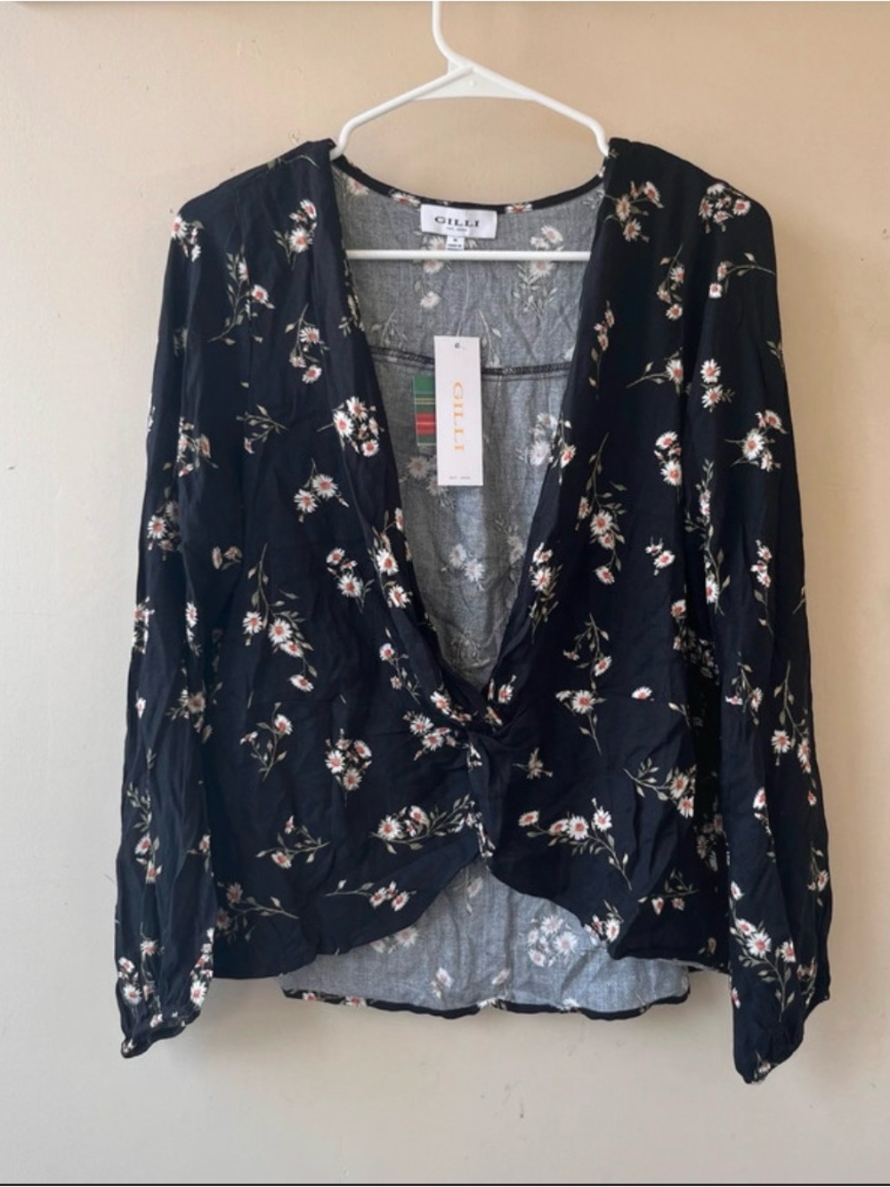 Gilli Black Floral Tie-Front Blouse